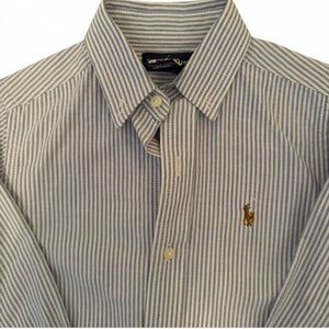 Polo Ralph Lauren Boys Blue White Striped Button Down Shirt Size 5 EUC Preppy